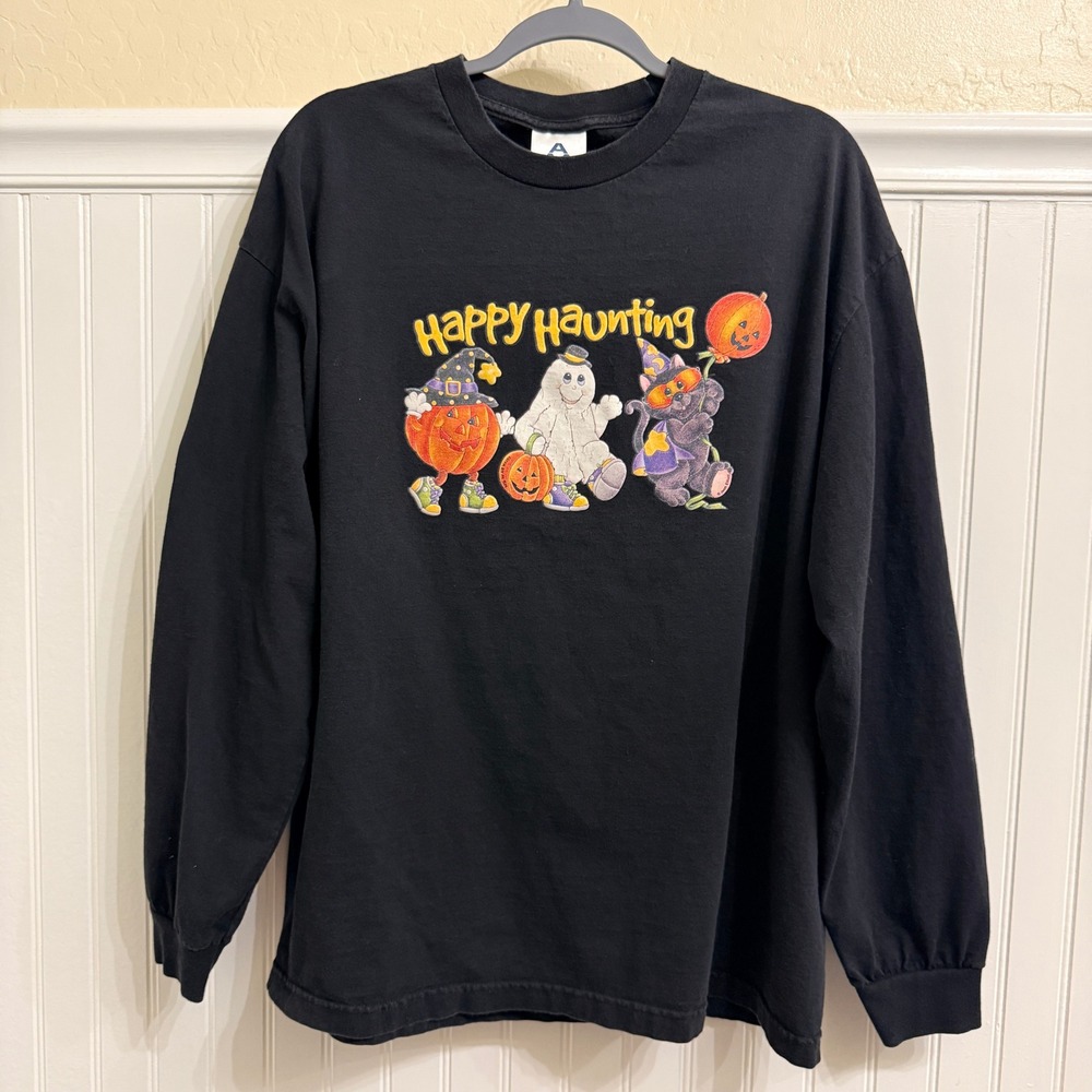 Alstyle Apparel Vintage Halloween Happy Haunting Long Sleeve Shirt, Black, XL
